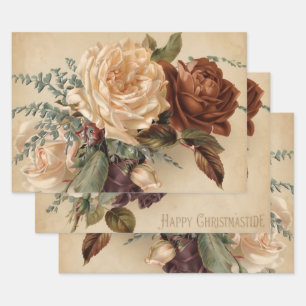 CREAMY YELLOW & RED ROSE VINTAGE BOTANICAL WRAPPING PAPER SHEET