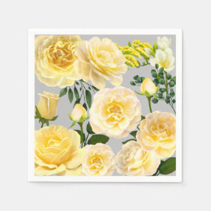 Creamy Yellow Roses Vintage Floral on Grey Napkin