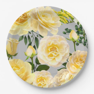 Creamy Yellow Roses Vintage Floral on Grey Paper Plate