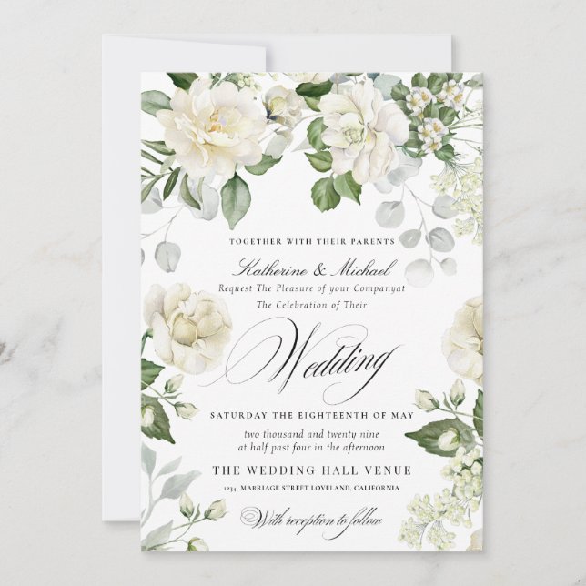 CreamyFloral Eucalyptus Script Calligraphy Wedding Invitation (Front)