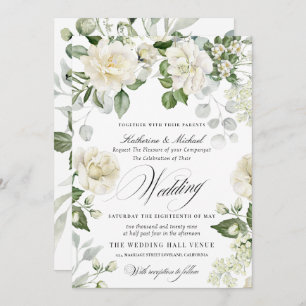 CreamyFloral Eucalyptus Script Calligraphy Wedding Invitation