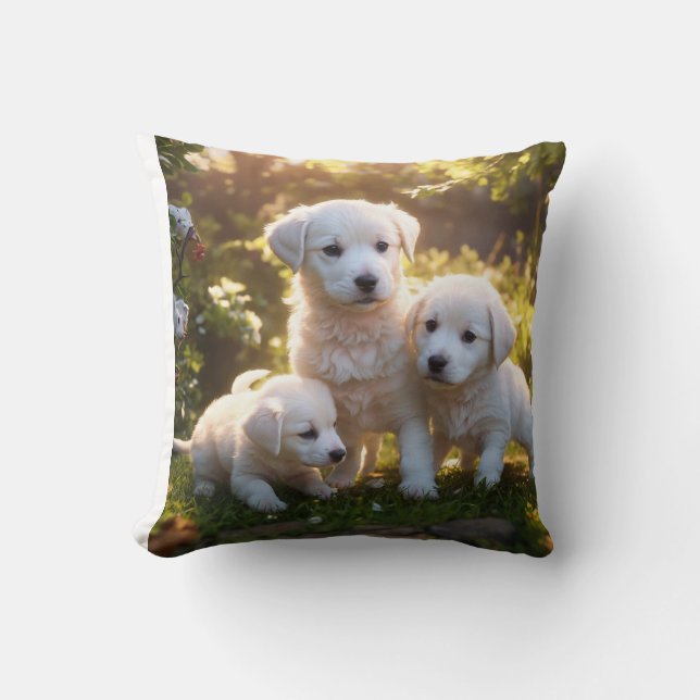 Create a cartoon image of a group of dogs playing  cushion (Front)