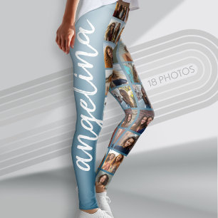 Create a Custom Photo Collage with 18 Photos blue Leggings