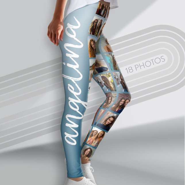Create a Custom Photo Collage with 18 Photos blue Leggings (Custom Leggings with a Photo Collage)