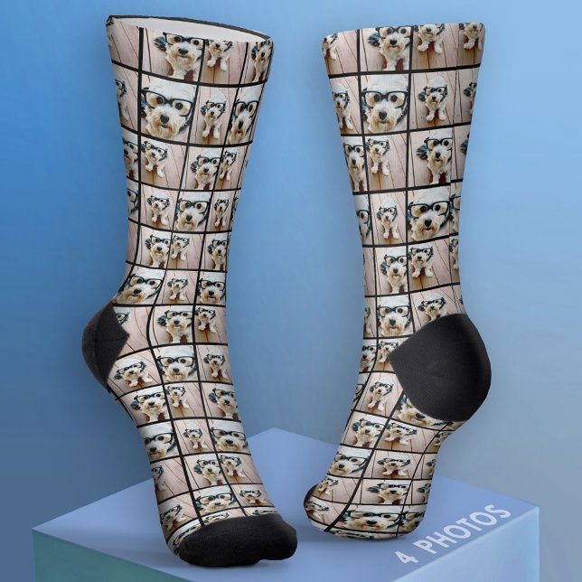 Create a Custom Photo Collage with 4 Photos black Socks (Custom Face Socks - Add Your Photo)