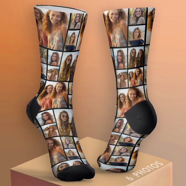 Create a Custom Photo Collage with 6 Photos black Socks (Custom Photo Socks - add a Photo Collage)