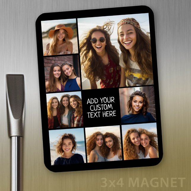 Create a Custom Photo Collage with 8 Photos Magnet (Personalized refrigerator magnet with photo collage and custom text - add 8 photos to this design)