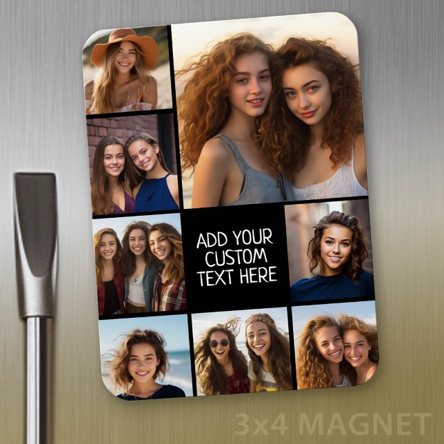 Create a Custom Photo Collage with 8 Photos Magnet (Personalized refrigerator magnet with photo collage and custom text - add 8 photos to this design)