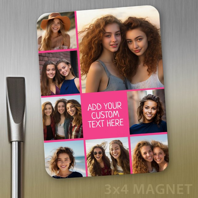 Create a Custom Photo Collage with 8 Photos Magnet (Personalized refrigerator magnet with photo collage and custom text - add 8 photos to this design)