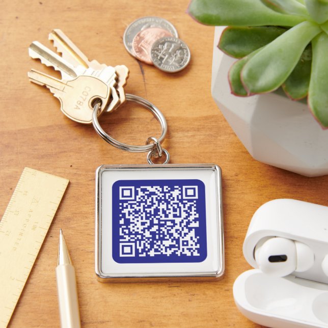 Create a Scannable QR code | Editable Dark Blue Key Ring (Desk)