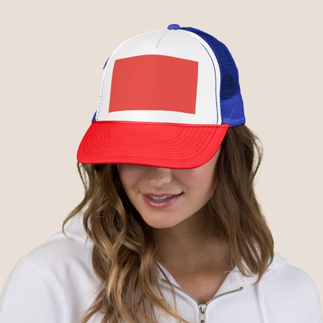 Create a Striking Red Background with White Border Trucker Hat (In Situ)