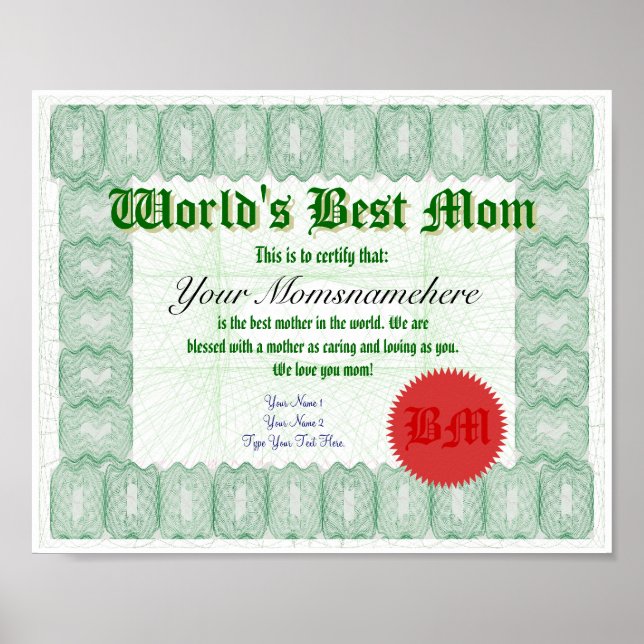 Create a World's Best Mom Certificate Poster (Front)