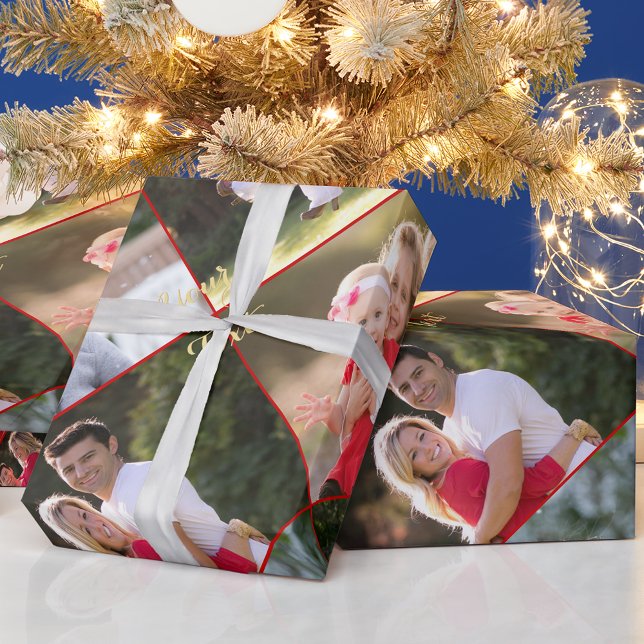 Create Custom 5 Photo Collage Red Gold Christmas Wrapping Paper (Create Custom 5 Photo Collage Red Gold Christmas Wrapping Paper)