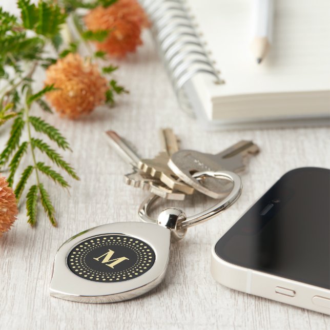 Create Custom Black Gold Monogrammed Swirl Metal Key Ring (Side)