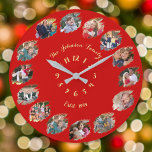 Create Custom Family Photo Collage Christmas Red Large Clock<br><div class="desc">Create your own custom, personalised, cool, unique, modern, elegant faux gold calligraphy typography script font on christmas red background, one-of-a-kind, memories, graffiti / torn photo effect 14 photo collage family keepsake classic round shape wall clock. To customise, simply type in your family name & year, and add fourteen of your...</div>