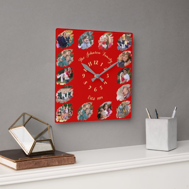 Create Custom Family Photo Collage Christmas Red Square Wall Clock (Office)