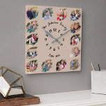 Create Custom Family Photo Collage Coffee Brown Square Wall Clock<br><div class="desc">Create your own custom, personalised, cool, unique, modern, elegant black calligraphy typography script font on light coffee brown background, one-of-a-kind, memories, graffiti / torn photo effect 14 photo collage family keepsake square wall clock. To customise, simply type in your family name & year, and add fourteen of your favourite family...</div>