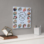 Create Custom Family Photo Collage Cool Dusty Blue Square Wall Clock<br><div class="desc">Create your own custom, personalised, cool, unique, modern, elegant black calligraphy typography script font on light dusty blue background, one-of-a-kind, memories, graffiti / torn photo effect 14 photo collage family keepsake square wall clock. To customise, simply type in your family name & year, and add fourteen of your favourite family...</div>