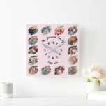 Create Custom Family Photo Collage Light Baby Pink Square Wall Clock<br><div class="desc">Create your own custom, personalised, cool, unique, modern, elegant black calligraphy typography script font on light baby pink colour background, one-of-a-kind, memories, graffiti / torn photo effect 14 photo collage family keepsake square wall clock. To customise, simply type in your family name & year, and add fourteen of your favourite...</div>