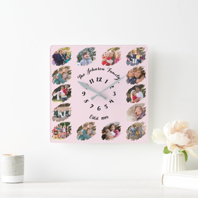 Create Custom Family Photo Collage Light Baby Pink Square Wall Clock (Home)