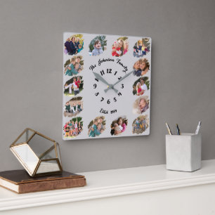 Create Custom Family Photo Collage Light Grey Grey Square Wall Clock