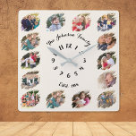 Create Custom Family Photo Collage Light Ivory Square Wall Clock<br><div class="desc">Create your own custom, personalised, cool, unique, modern, elegant black calligraphy typography script font on light ivory colour background, one-of-a-kind, memories, graffiti / torn photo effect 14 photo collage family keepsake square wall clock. To customise, simply type in your family name & year, and add fourteen of your favourite family...</div>