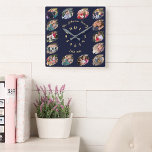 Create Custom Family Photo Collage Navy Blue Gold Square Wall Clock<br><div class="desc">Create your own custom, personalised, cool, unique, modern, elegant faux gold calligraphy typography script font on dark navy blue background, one-of-a-kind, memories, graffiti / torn photo effect 14 photo collage family keepsake square wall clock. To customise, simply type in your family name & year, and add fourteen of your favourite...</div>