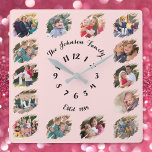 Create Custom Family Photo Collage Pastel Pink Square Wall Clock<br><div class="desc">Create your own custom, personalised, cool, unique, modern, elegant black calligraphy typography script font on light pastel pink colour background, one-of-a-kind, memories, graffiti / torn photo effect 14 photo collage family keepsake square wall clock. To customise, simply type in your family name & year, and add fourteen of your favourite...</div>