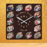 Create Custom Family Photo Collage Personalised Square Wall Clock<br><div class="desc">Create your own custom, personalised, cool, unique, modern, elegant faux gold calligraphy typography script font on dark brown background, one-of-a-kind, memories, graffiti / torn photo effect 14 photo collage family keepsake square wall clock. To customise, simply type in your family name & year, and add fourteen of your favourite family...</div>