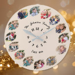 Create Custom Family Photo Collage Rustic Earth Large Clock<br><div class="desc">Create your own custom, personalised, cool, unique, modern, elegant faux gold calligraphy typography script font on light rustic earth background, one-of-a-kind, memories, graffiti / torn photo effect 14 photo collage family keepsake classic round shape wall clock. To customise, simply type in your family name & year, and add fourteen of...</div>
