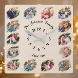 Create Custom Family Photo Collage Rustic Earth Square Wall Clock<br><div class="desc">Create your own custom, personalised, cool, unique, modern, elegant black calligraphy typography script font on light rustic earth colour background, one-of-a-kind, memories, graffiti / torn photo effect 14 photo collage family keepsake square wall clock. To customise, simply type in your family name & year, and add fourteen of your favourite...</div>