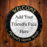 Create Custom Personalised Photo Text Dorm Room Dartboard<br><div class="desc">Create your own custom, personalised, fun, cool, stylish, black colour, faux gold font / typography / script / text, regulation size (18"diameter, 1"h) aluminium frame metal cage dart board. Comes with 6 brass darts (3 American flag dart flights and 3 UK dart flights). You may mount it anywhere – above...</div>