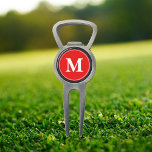 Create Custom Personalised Red White Monogrammed Divot Tool<br><div class="desc">Custom, personalised, modern white monogram monogrammed on red background, golf bartender divot tool with ball marker and bottle opener, made of a durable metal construction and featuring a magnetic ball marker slot that holds a ball marker securely in place. Simply type in your initials / monogram, to customise. Make a...</div>