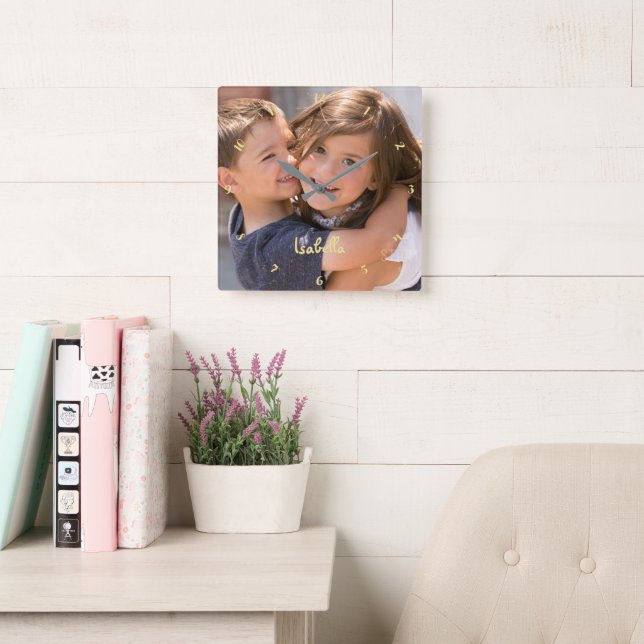 Create Custom Personalized Baby Kids Photo Name Square Wall Clock (Reading Room)