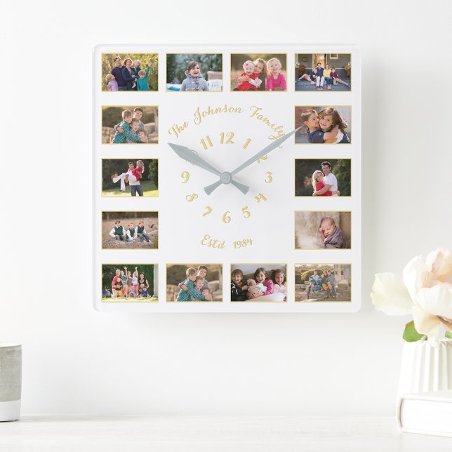 Create Custom White Faux Gold Family Photo Collage Square Wall Clock (Create Custom White Faux Gold Family Photo Collage Square Wall Clock)