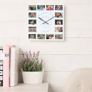 Create Custom White Teal Family Baby Photo Collage Square Wall Clock
