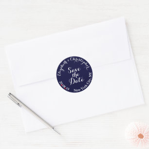 Create Elegant Blue White Wedding Save the Date Classic Round Sticker