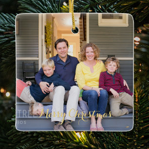 Create Family Photo Elegant Gold Script Christmas Ceramic Ornament
