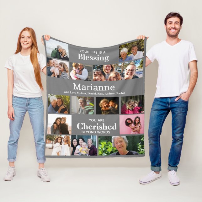 Create Grandma 16 Photo Collage Elegant Keepsake Fleece Blanket (In Situ)