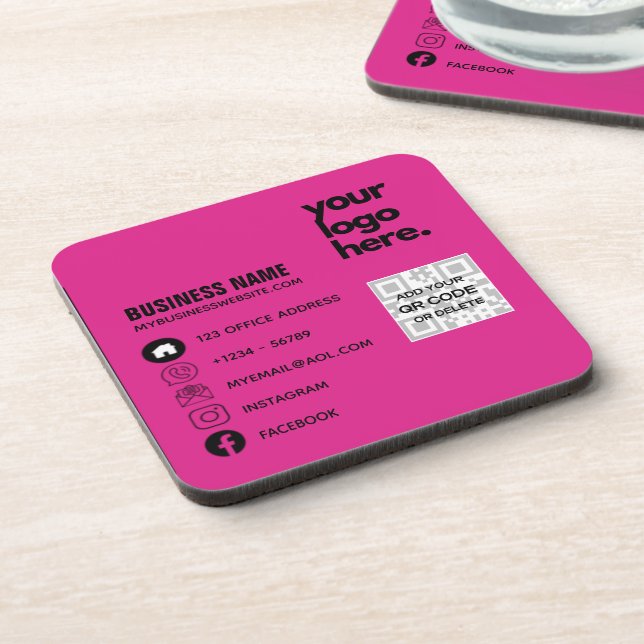 Create Own CERISE PINK QR CODE Business Card Logo  Coaster (Left Side)