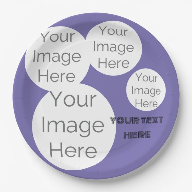create own paper photo text template purple paper plate (Front)