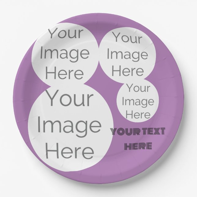 create own paper photo text template purple paper plate (Front)