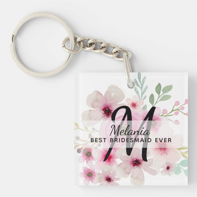 Create Own PINK BLUSH FLORAL BOHO BridalParty Gift Key Ring (Front)