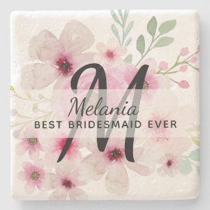 Create Own PINK BLUSH FLORAL BOHO BridalParty Gift Stone Coaster