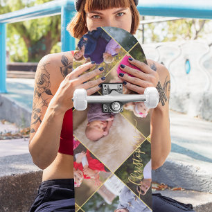 Create Personalised 5 Photo Collage Gold Monogram Skateboard