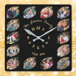 Create Personalised Custom Family Photo Collage Square Wall Clock<br><div class="desc">Create your own custom, personalised, cool, unique, modern, elegant faux gold calligraphy typography script font on black background, one-of-a-kind, memories, graffiti / torn photo effect 14 photo collage family keepsake square wall clock. To customise, simply type in your family name & year, and add fourteen of your favourite family /...</div>