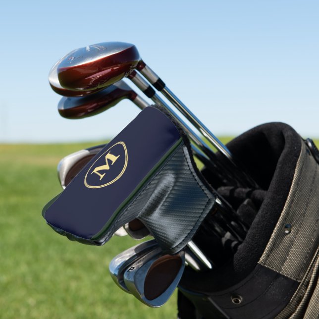 Create Personalised Navy Blue Gold Monogram Putter Golf Head Cover (In Situ)