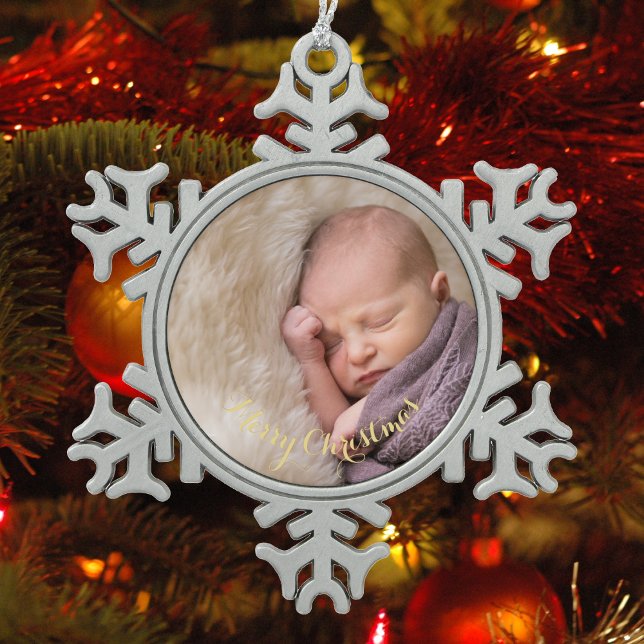 Create Personalised Photo Gold Text Baby's First Snowflake Pewter Christmas Ornament (Create Personalized Photo Gold Text Baby's First Snowflake Pewter Christmas Ornament)