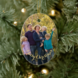 Create Personalised Photo Gold Text Oval Christmas Ceramic Tree Decoration