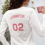 Create Pink Player Name Jersey Number Long Sleeve T-Shirt<br><div class="desc">Create your own custom, personalised, cool stylish girly pink typography / font / script, monogrammed player name jersey number, comfortable, casual, durable, loose fitting, preshrunk 100% cotton, womens basic crewneck heavyweight long-sleeve t-shirt. Simply type in your name / player name and player jersey number, to customise. Makes a great gift...</div>